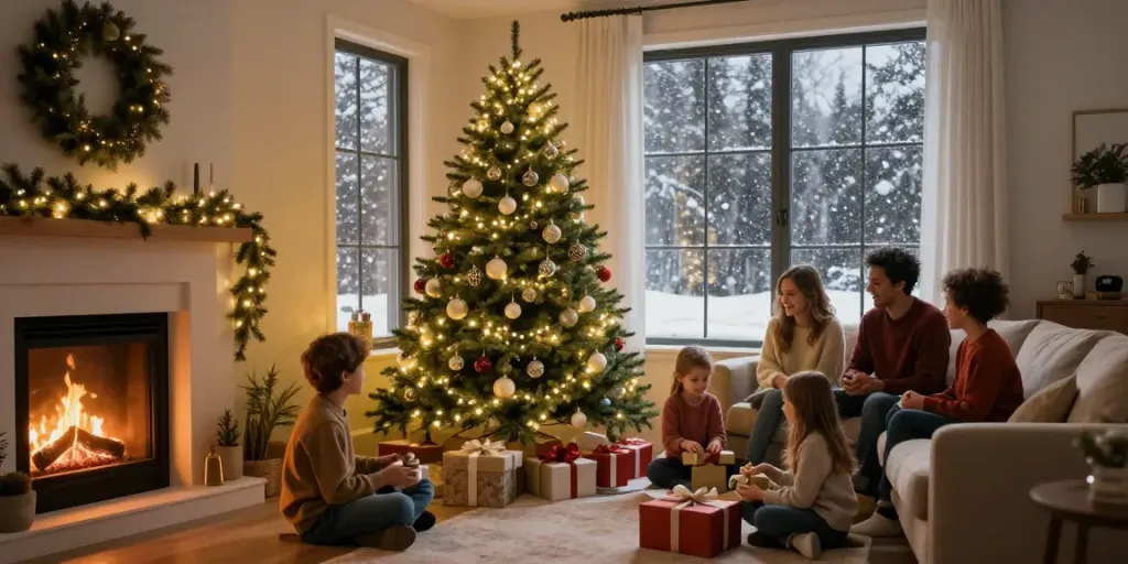 Decorated pre lit pencil slim Christmas tree in a warm family setting during the holidays.