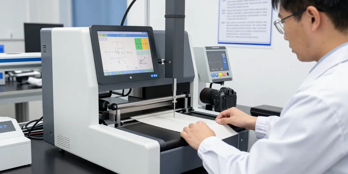 Technician using tensile testing equipment for textiles in a laboratory setting, focused on fabric measurement.
