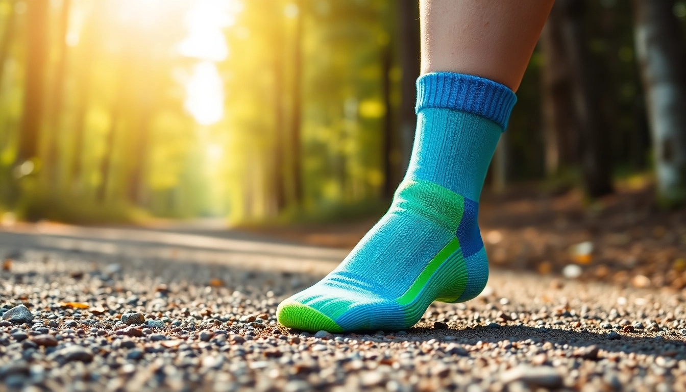 Running socks displayed prominently on a scenic outdoor trail, showcasing breathability and vibrant colors.